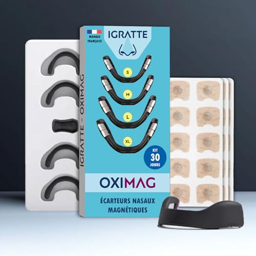 Écarteur nasal magnétique OxiMag – 4 tailles S/M/L/XL + applicateur – kit 30 jours (60 patchs/30 paires) – aide à réduire le ronflement & la congestion – pour sommeil & sport – réutilisable