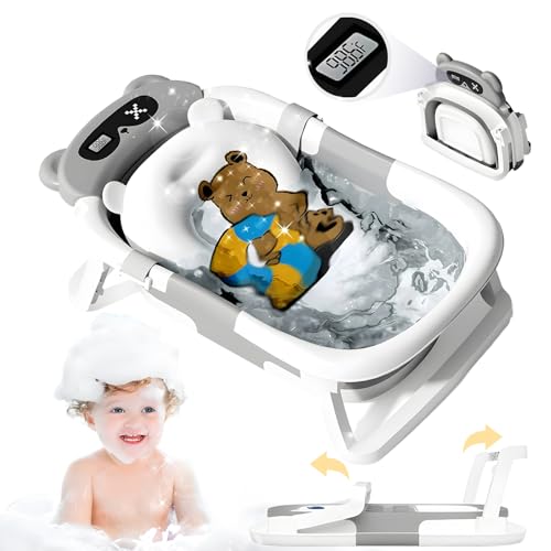 HyAdierTech Bañera Plegable Para Recién Nacido Con Cojín Suave, Asiento Bañera Bebe con Termómetro, Portatil Banheira Recien Nacido, Banheira Bebe con Soporte, Ahorra Espacio, Ideal para Casa o Viaje
