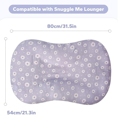 Image of FUNUPUP Muslin Baby Lounger Cover Only, Purple Daisy | 100% Muslin Cotton Soft Breathable Easy On /Off Envelope Closure Machine Washable Easy-Clean Protector Neutral Colors