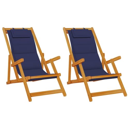 Chaise de plage pliante bois acacia lot de 2 fauteuils inclinables avec coussin pour terrasse - 6