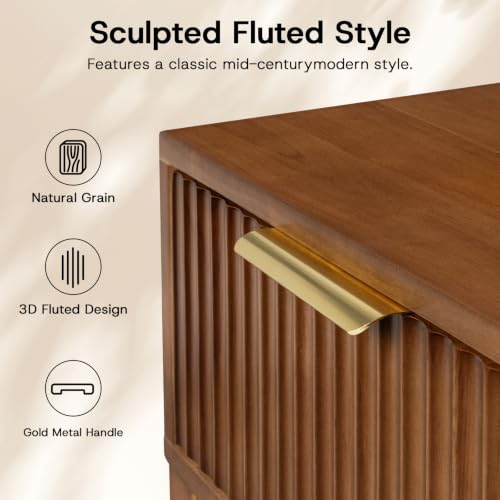 Image of Solid Wood Nightstand with Drawer, Mid-Century Real Wooden Bedside Table with Storage,Modern Fluted End Table for Bedroom Sofa Couch Office,15.75 inch L x 11.81 inch W x 23.62 inch H Walnut.