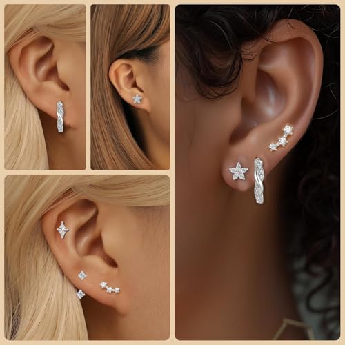 Hypoallergenic Sterling Silver Stud Hoop Earrings for Women Flat Back Earrings Small Huggie Hoops Cartilage Earring Set for Multiple Piercing Trendy Jewelry Gifts for Women3