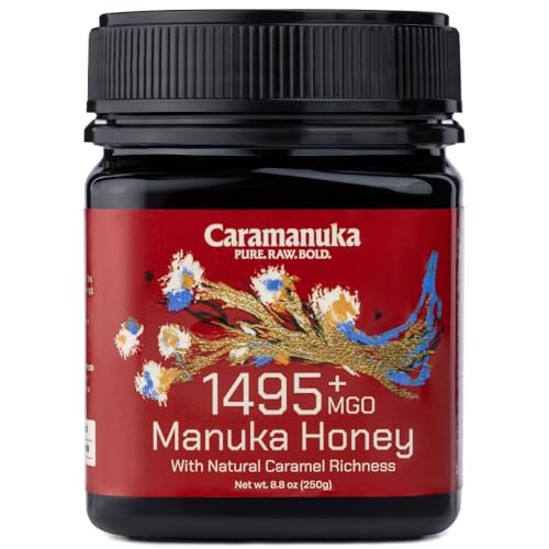 Caramanuka Miel de Manuka MGO 1495+ / 100% cruda, pura, sin filtrar y sin pasteurizar, probada por terceros, ultra potente, sin glifosato, miel de manuka premium australiana