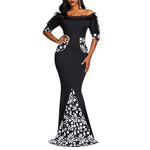 VERWIN Robe mi-Longue a Manches Longues et Epaules denudees a Blocs de Couleurs pour Femmes Robe Moulante XL Cover