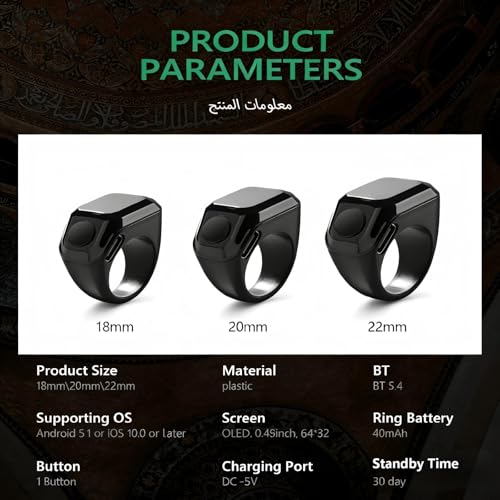 VENNERLI Smart Tasbih Zikr Ring Muslim Prayer Tasbih Counter Wearable Technology Ring OLED Display USB Rechargeable with Muslim Time APP