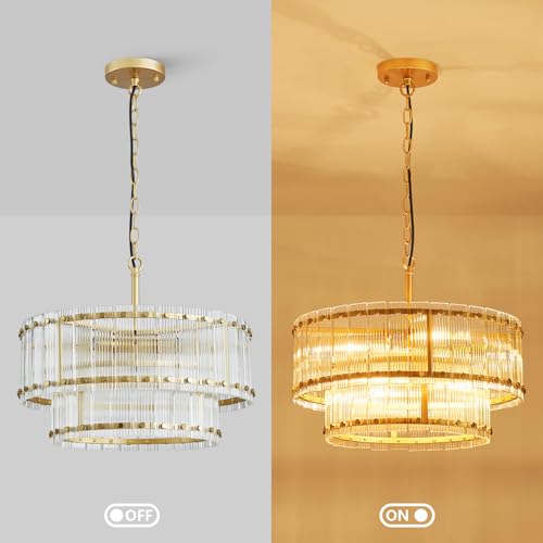 GlowEasely D18in Glass Drum Chandelier, 6-Light Mid-Century Modern Light Fixture for Dining Room, Kitchen, Living Room, D18 x H19~49inch(Adjustable Height), Ripple Glass & Gold Finish by GlowEasely - Used condition - Image 6
