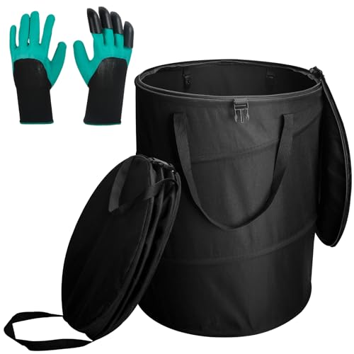 Audoyon 24 Gallons Collapsible Trash Can with Gloves, Camping Trash Can with Lid, Pop Up Garbage Can for Outdoor, Large Capacity Leaf Bags for Yard, Lawn, Reusable Garden Garbage Bag - Black