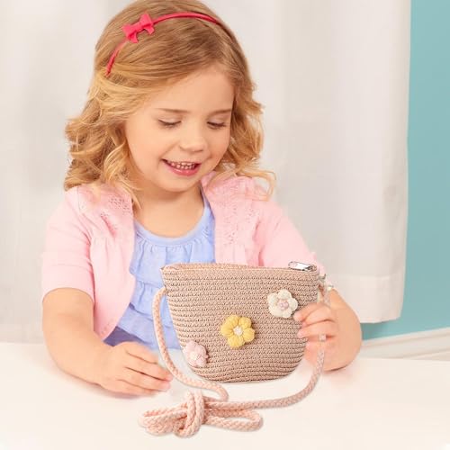 HTTDSLF Mädchentasche Blumen Stroh Tasche, Handtasche Kinder, Mini Strohkreuzbodus Tasche mit Blumen Dekoration, für Täglichen Gebrauch, Outdoor-Aktivitäten