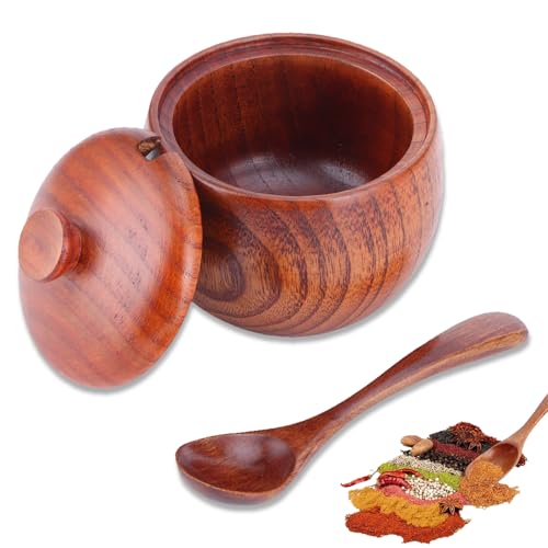 HERCHR Contenedor de sal de madera, caja de sal con cuchara de tapa de 8.5x9cm/3.3x3.5in recipiente de almacenamiento de condimentos de frasco vintage para utensilios de cocina de cocina