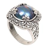 NOVICA Artisan Handmade Cultured Mabe Cultured Freshwater Pearl Cocktail Ring .925 Sterling Silver Floral Motif Blue Indonesia Birthstone 'Blue Lunar'