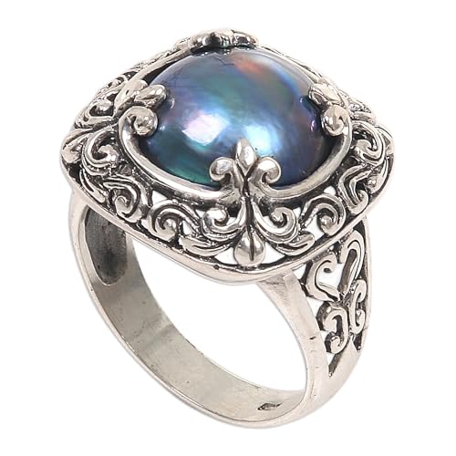 NOVICA Mujeres Teñido de azul perla cultivada de Mabe 0,925 Anillo de plata cóctel, 'Blue Lunar' 7