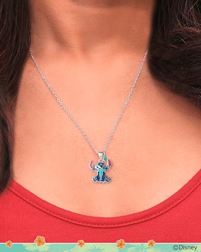 Disney Stitch Necklace for Women with Crystal Charm, 18" Silver Flash-Plated Sitting Stitch Pendant Necklace Official License2