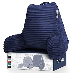 Nestl Reading Pillow for Bed Adult – Back Pillow for Sitting in Bed, Standard Plush Bed Pillows for Sitting Up in Bed, Shredded Memory Foam Bed Chair Pillow with Arms and Pockets, Navy Bed Rest Pillow
