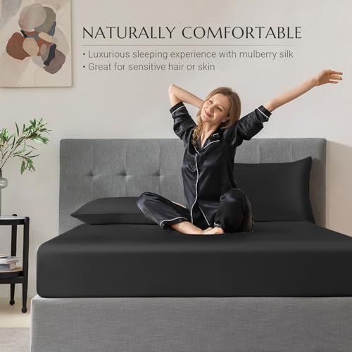 THXSILK Natural Silk Fitted Bed Sheet, 100% 7A+ Silk, Deep Pocket to 16", Soft and Wrinkle Free, 1 Fitted Sheet Only (Queen, Black) - Image 6