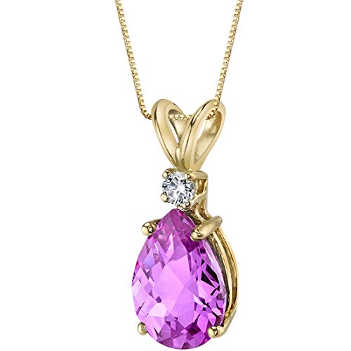 PEORA 14K Yellow Gold Created Pink Sapphire with Genuine Diamond Pendant, Elegant Teardrop Solitaire, Pear Shape, 10x7mm, 2.50 Carats total, September Birthstone Necklace, Sparkling Sapphire Jewelry