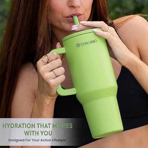 Image of CHKOKKO Stainless Steel Tumbler with Straw & Side Handle 1200ML Leak-Proof Travel Mug | Hot and Cold Double Insulated 1.2L Premium Water Bottle for Travel Gym & Office Use
