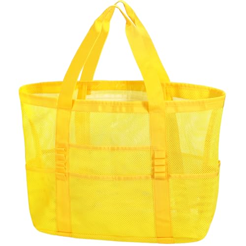 KPX Mesh Beach Bag, Large Beach Tote Bags for Women Foldable Mesh Swimming Pool Bag with Mini Pockets - Sandproof, Waterproof Yellow-pvc Pocket