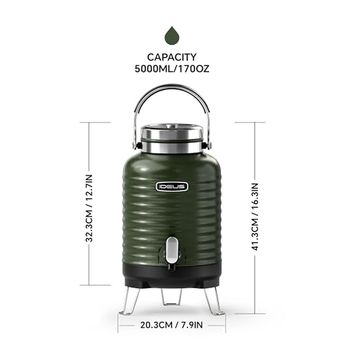 Image of IDEUS Insulated Beverage Dispenser, All-in-one for Camping Vacuum Double-Wall Stainless Steel Water Cooler Coffee Carafe Jug Leakproof Drink Container with Handle, Spigot & Stand (Green, 1,4gal)