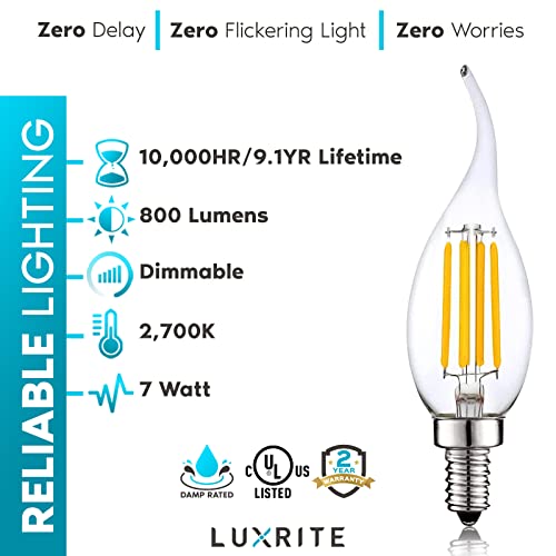Luxrite 12-Pack Candelabra Led Light Bulbs 100 Watt Equivalent, 800 Lumens, 2700K Warm White, 7W, Ca11 Dimmable Chandelier Light Bulbs, Damp Rated, Clear Glass, Flame Tip Shape, Ul Listed, E12 Base #TOP6