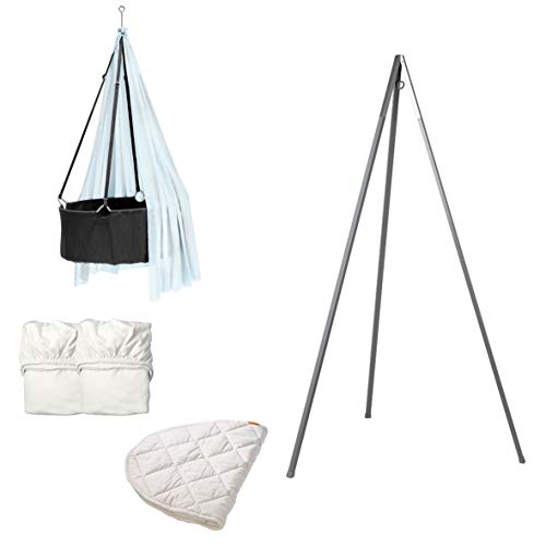 Leander Wiegen-SET - ALL INCLUSIVE - Wiege grau mit Stativ grau, Schleier dusty blue, 2 Spannbetttücher weiß, 1 Matratzenauflage
