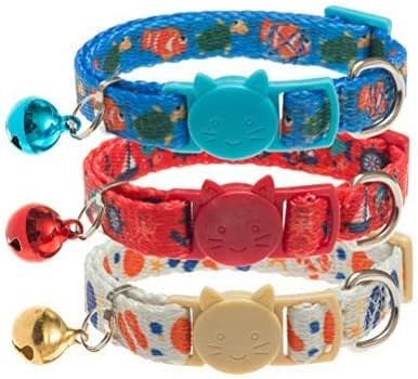 3 Pcs Breakaway Cat Collar with Bell Adjustable Collar Set with Ocean Pattern Designer for Kitten 7 - 11 Inches