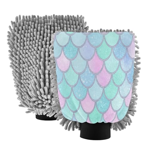 Kigai Mermaid Scales Car Wash Mitt Microfiber, 2Pcs Scratch Free Lint-Free, Premium Chenille Microfiber Mitt Car Wash Brush-M