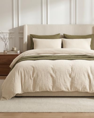 SE SOFTEXLY Muslin Duvet Cover Queen Size, 100% Washed Cotton Duvet Cover Set, Ultra Soft Comforter Cover Linen Like, 3 Pieces Minimalist Gauze Duvet Cover with 2 Pillowcases, 80"x90", Off-White