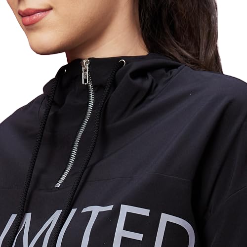 Image of Globus Women Black Typography Print Long Sleeves Hooded Bomber Jacket-3640090001