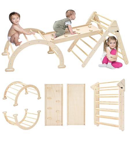 Pillowhale Pikler Triangle Set, 5 in 1 Montessori Toddler Climbing Toys Indoor, Foldable Toddler Gym Climbing Triangle Set, Indoor Outdoor Play Playground for Baby Boys Girls