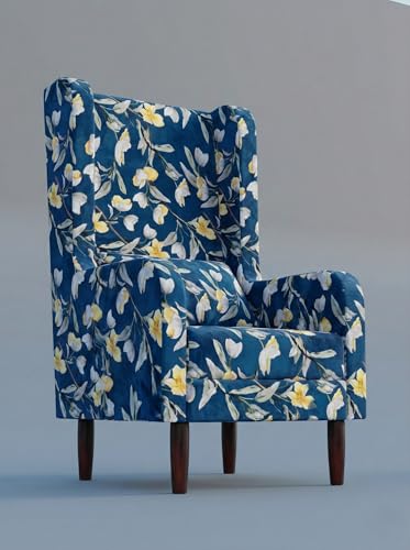 Image of WELL KNOWN Wooden Wing Chair with Ottoman Stool | Wingback for Living Room | High Density Foam | Accent Chair for Seating, Home Decor Furniture | (Blue Magnolia, with Ottoman)
