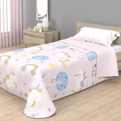 Colcha bouti infantil con acolchado termosellado para camas 90 y 105 cm, con diseños de piratas, unicornios, perritos y cerditos... Ideal para primavera y verano (Unicornio, 105)