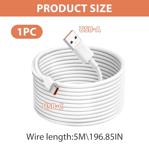 USB C Extra Long USB A To C Power Extension Cable Home Security Compatible with Durable Cameras Charging Cord for Eufy Camera CCTV for PanTilt Phones Tablets Data Smartphones Controller White