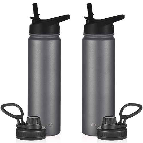 mininoo 24 oz Insulated Water Bottle with Straw, Stainless Steel Double Wall Vacuum Thermos with Straw Lid & Chug Lid, Leak Proof, BPA Free, Keep Cold for 24H & Hot for 12H-2 pack(Grey) 24 O