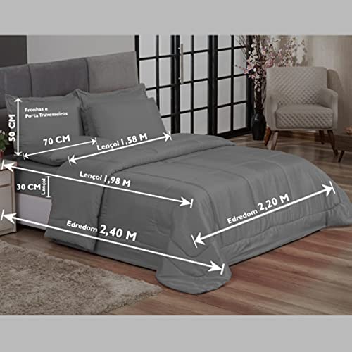 Kit Edredom Casal Queen + Jogo De Lençol 06 Peças Aconchego Dupla Face Casa Dona Cinza