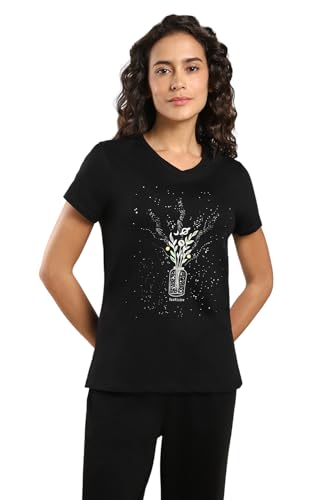 Image of Van Heusen Women Lounge V-Neck Regular Fit Casual Style T-Shirt - Cotton Spandex - Short Sleeve,Ultra Soft, Printed