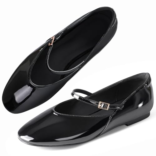 CouieCuies Women's Mary Jane Flats Round Toe Ballet Flats Adjustable Strap Comfortable Business Casual Mary Janes Dress Shoes