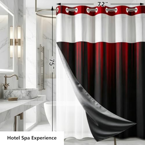 Image of AAtter No Hook Shower Curtain, Red Black Ombre Snap in Liner, 72x75 Inch