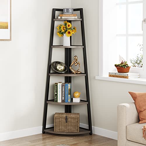 Tribesigns 70 Inch Tall Corner Shelf, 5 Tier Industrial Corner Bookshelf Bookcase Industrial Corner Ladder Shelf Plant Stand For Living Room, Kitchen, Home Office (Grey) #TOP7