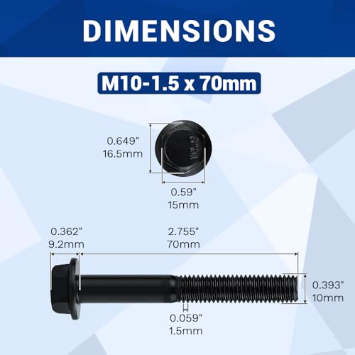 Image of 6-Sets M10-1.5 x 70mm Grade 10.9 Flange Hex Bolts + Flange Nut + Flat Washer + Lock Washer Combo Pack, Black Oxide, for Automotive & Machinery
