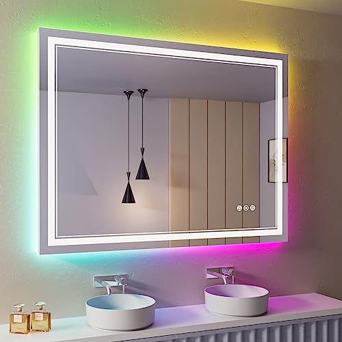 44x30 inch LED Bathroom Mirror with RGB Lights, Color Changing Backlit Mirror, Shatterproof, Dimmable Anti-Fog, Lighted Vanity Mirror (RGB Multicolor Backlit + Adjustable Front-Lighted)