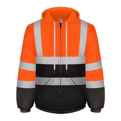 Graunton Warnschutz Pullover Herren Mit Reißverschluss, Warnschutzjacke für Männer und Frauen，Reflektierendes Sweatshirt für Baustelle，Flughafen，Aktivitäten im Freien， Orange Schwarz, L.