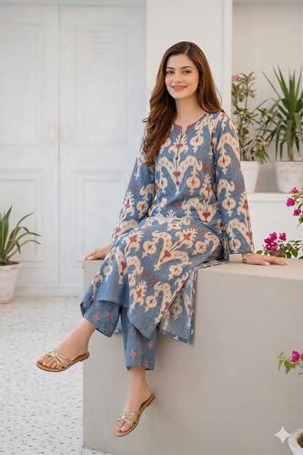 Image of ANNI Designer Kurta Sets for Women Cotton Blend Printed | Kurti Set for Woman | Kurta Palazzo Dupatta Set | Straight Kurti | Round Neck V-Slit Full Sleeve Suit Set for Women Stylish Ethnic Outfit