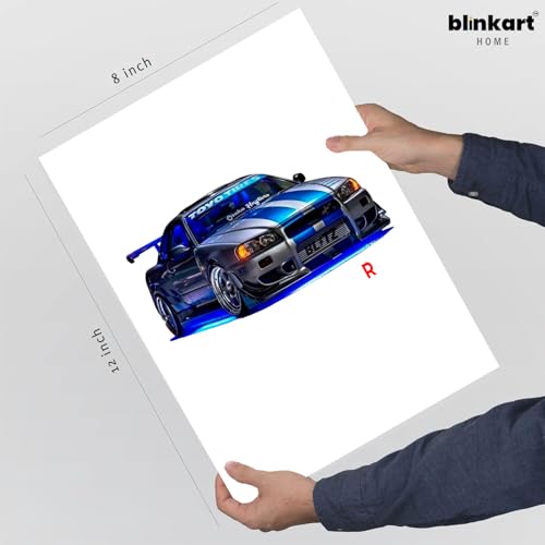 Image of BLINKART Nissan Skyline GT-R (R34) CarFramed Posters Gift Items Boys Room Wall Decoration Bedroom Office Studio Synthetic Wood Frame & Acrylic Glass Ready to Hang - 12x8 Inch, (A4 Size) - CAR-061