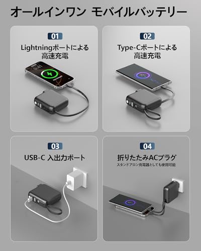 モバイルバッテリー 40000mAh 大容量 22.5W PD3.0双方向急速充電 Type-C&Lightningケーブル集成 ノートPC/小型家電/スマホ/タブレット同時充電可能 高精細スマート液晶ディスプレイ コンパクト軽量設計 多重安全保護 アウトドア/キャンプ/出張/停電対策 PSE認証済