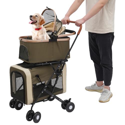 2-Tier Pet Stroller for Dogs & Cats, Foldable Double Decker Pet Buggy with Removable Carriers, 35kg Capacity, 360° Wheels (Coffee/Black/Dark Green) (Dark Green)