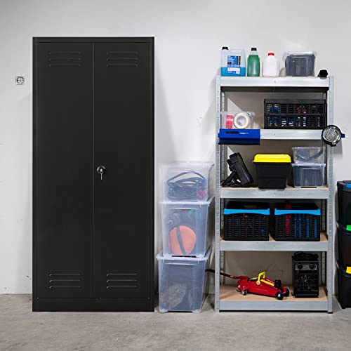 Cjf Metal Storage Cabinet, Locked Steel File Cabinet With 4 Adjustable Shelves & Locking System, Tall Metal Garage Cabinet For Office, Home, 70.86”H×31.5”W×15.75”D（Black） #TOP1