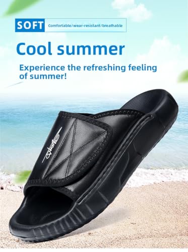 Men's Leather Sandals Summer Casual Slides with Soft EVA Sole for Indoor/Outdoor Comfort (Black/White/Green, Sizes 38-45)2