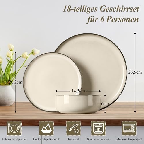 Joyfair Geschirrset 6 Personen, 18-tlg Steinzeug Tafelservice Set, Kratzfest Reaktive Glasur Geschirr Set mit Speiseteller, Dessertteller, Müslischalen, Mikrowellen- & Spülmaschinenfest, Riff Khaki