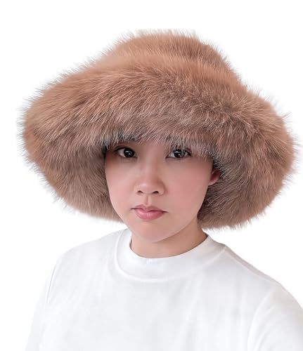 Lina & Lily Oversized Winter Faux Fur Bucket Hat for Women - Long Pile Fur Wide Moldable Brim (Camel)