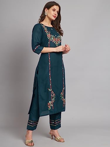 Image of VredeVogel Women's Cotton Blend Kurta Pant Set with Chanderi Silk Dupatta